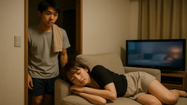 風呂上がりのわくいっちがリビングに戻ると、ショートスカート姿の彼女がテレビをつけたままソファで眠っているシーン