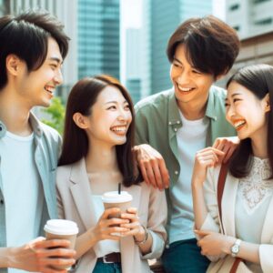 SNS上で4人の日本の男女が楽しそうに会話している