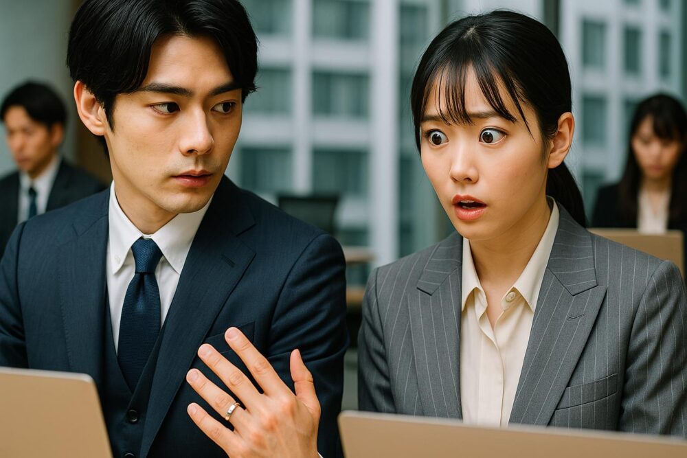 職場で男性社員の左手薬指の指輪を見て驚く表情の女性社員。会議中に生まれた静かな気まずさを表すシーン。