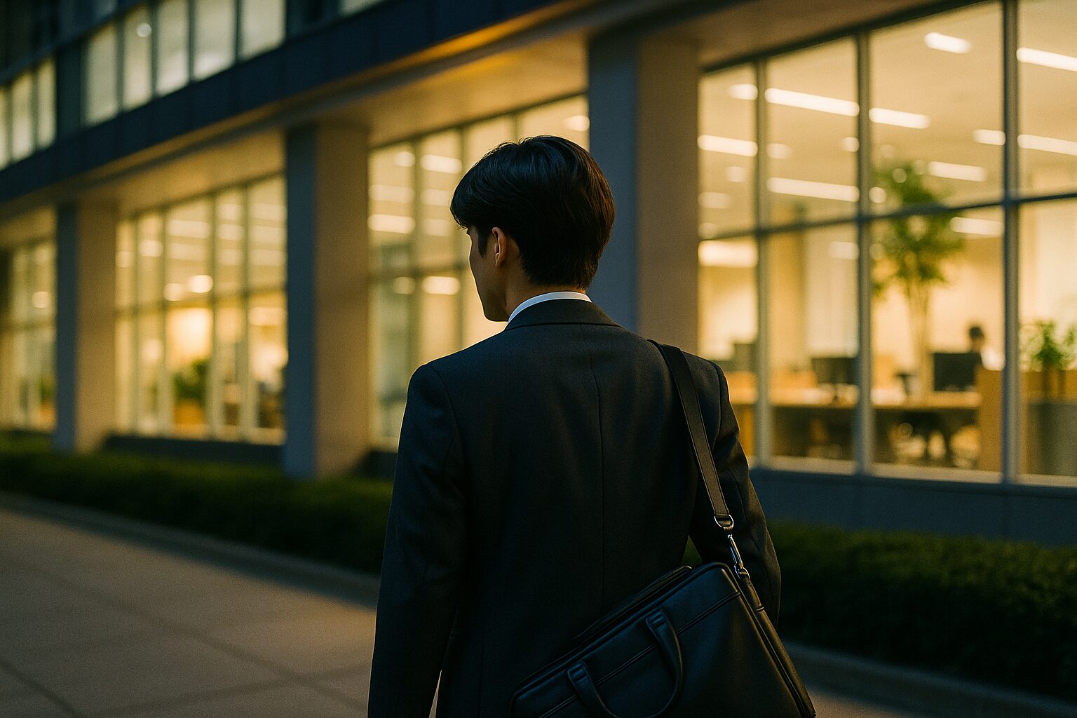 夜のオフィス街を背に、スーツ姿の男性が静かに歩き出す。街灯とオフィスの灯りが映える中、決意と安堵を感じさせるシネマティックな情景。