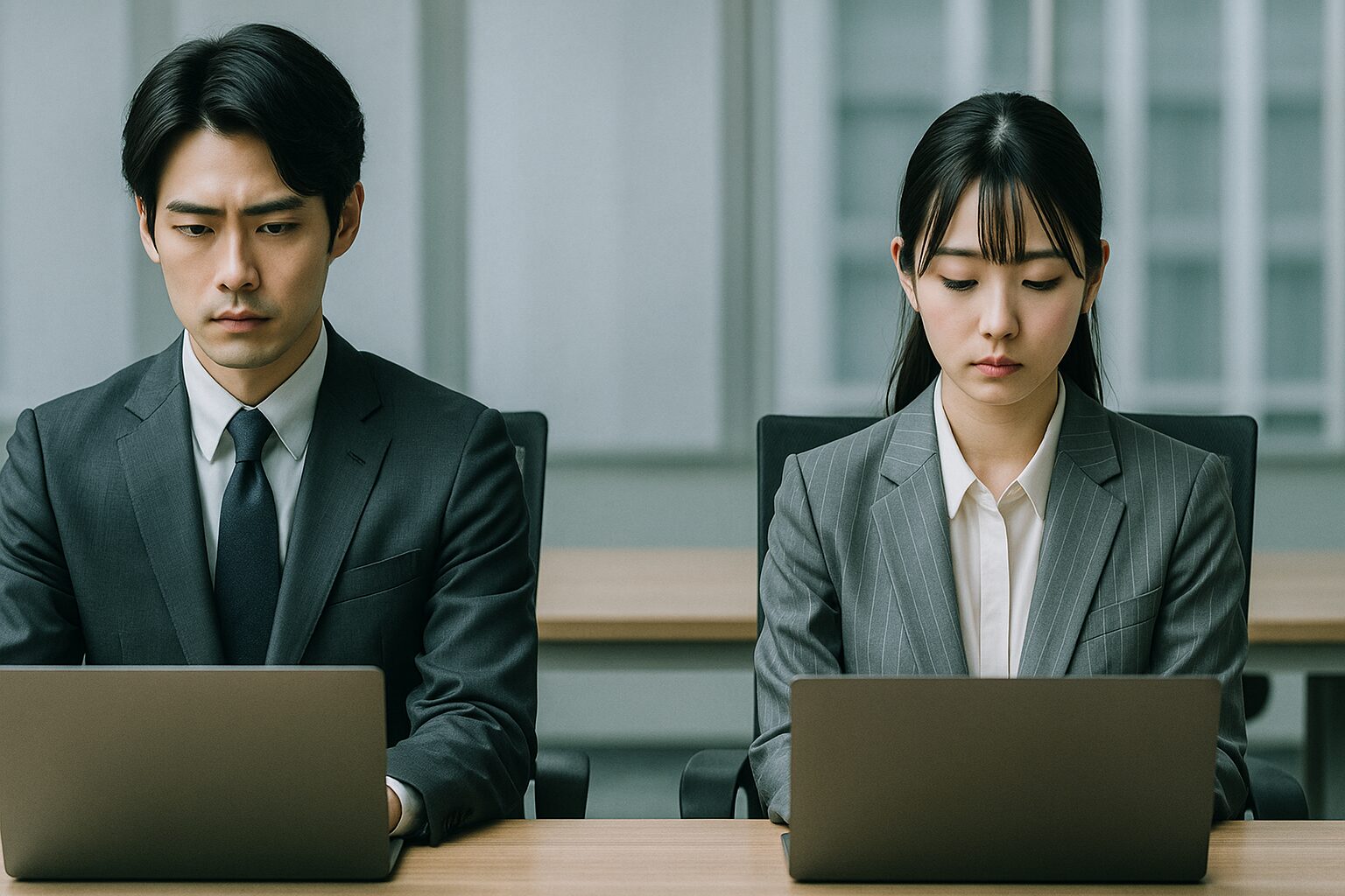 職場で心理的な距離を感じる男女社員。スーツ姿の男性と女性が隣同士で無言のまま作業しており、静かな緊張感が漂うオフィスの一場面。