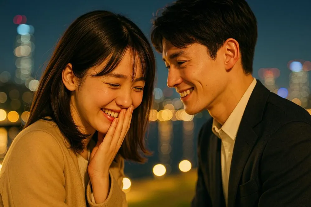 夜景を背景に笑い合うカップル。女性が恥ずかしそうに微笑むその表情に、恋が宿る瞬間を捉えた写真。