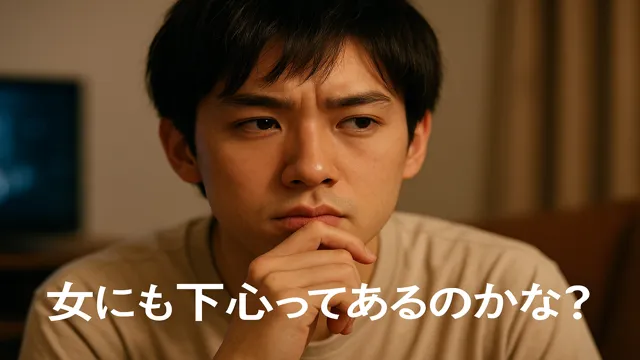 顎に手を添えながら「女にも下心ってあるのかな？」と真剣に考えるわくいっちの表情