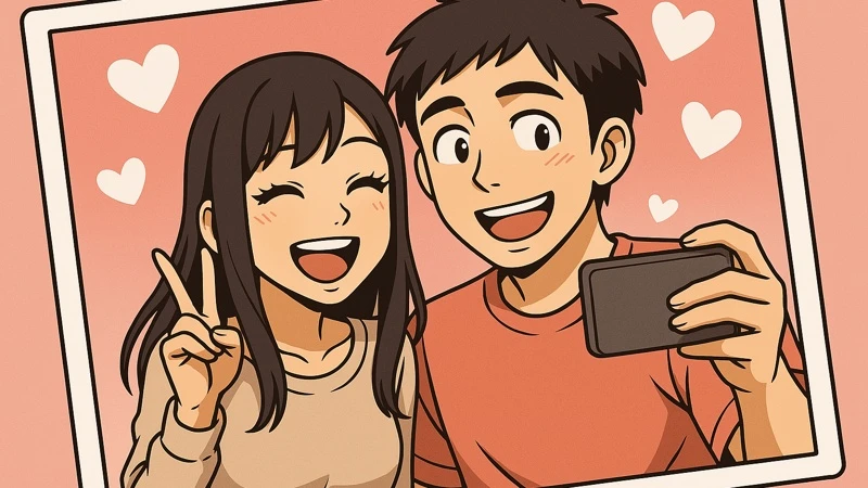 ピンクの背景で、男女が笑顔でプリクラ風に自撮りしているアニメ風イラスト。男性は照れ笑いし、女性は明るくピースサインをしている
