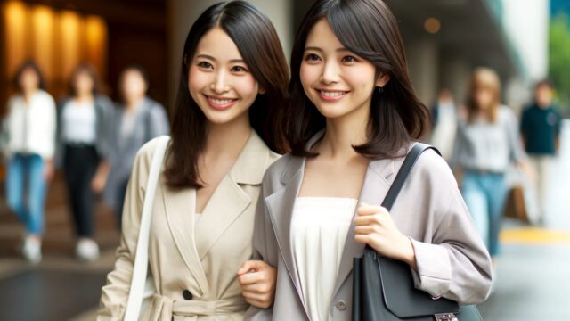 友人と一緒に婚活パーティーに参加する女性