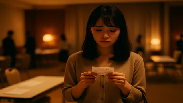 婚活イベントが終わり、カップリングカードを手に落ち込む女性のイメージ。静かな会場に、うまくいかなかった寂しさと余韻が漂う。