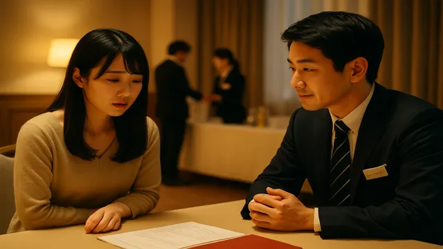 婚活パーティー終了後、受付で女性参加者が司会者に悩みを相談している様子。暖かい照明の中で、真剣に耳を傾ける姿が印象的。
