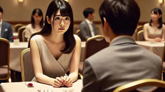 婚活パーティーで男性と向き合い、少し緊張した面持ちで話す女性のイメージ。初対面ならではのぎこちなさと、真剣に相手を見つめる瞬間を描いている。
