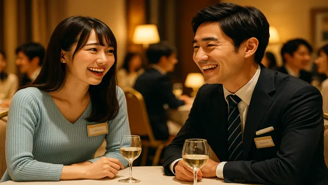 婚活パーティーで笑顔を交わしながら会話を楽しむ男女のイメージ。温かい雰囲気の中で、自然に“また会いたい”と思える空気を感じさせる。