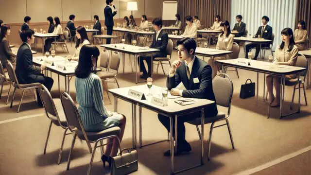婚活パーティーの会場で、男女が向かい合って短時間トークをしている様子。限られた時間の中で印象を残そうとする緊張感が漂う。