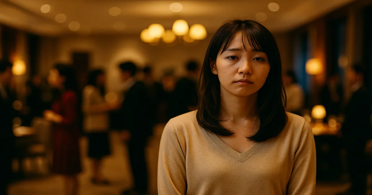 婚活パーティーの会場で、少し疲れた表情を浮かべる女性のイメージ写真。暖色の灯りと人の気配が、出会いの難しさと静かな希望を感じさせる。