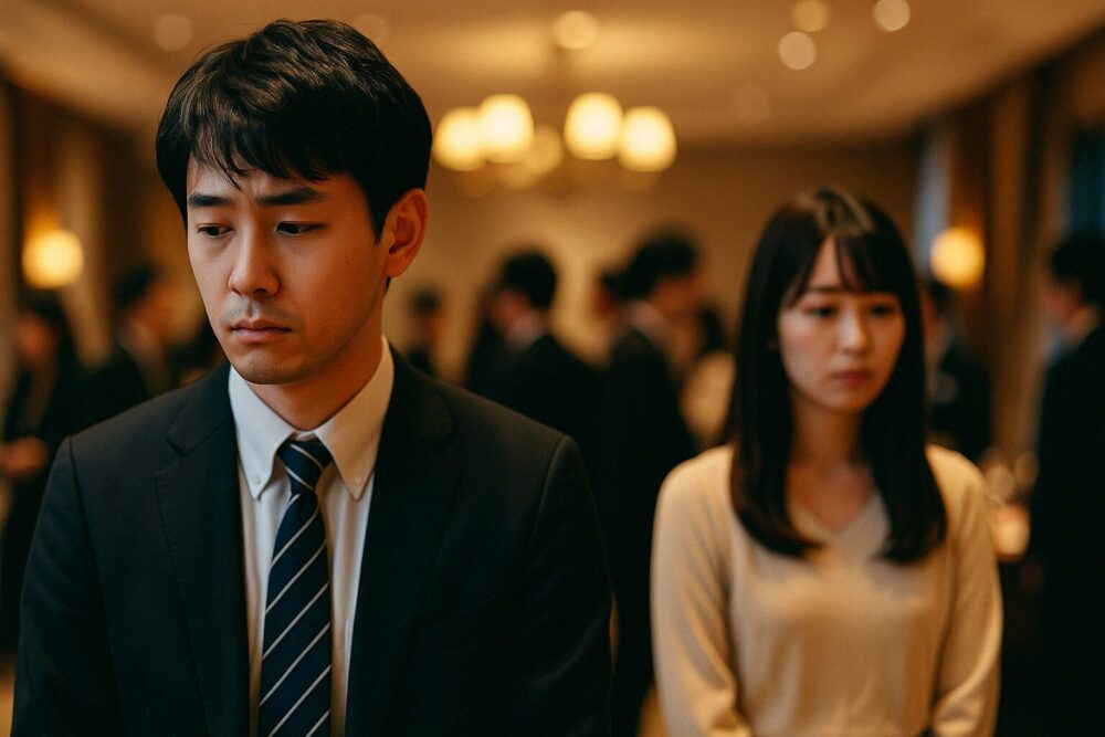 婚活がうまくいかず不安そうな若い男女が並ぶイメージ写真。恋愛のすれ違いや“ズレ”を感じさせる情景。