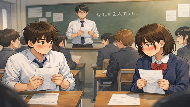 テスト返却の教室で「名無しが2人」と告げられ、答案を手にした男女が赤くなった頬のまま一瞬だけ視線を交わすシーン