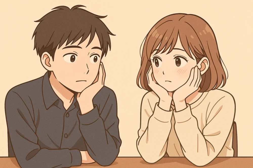 仕草がシンクロする男女が向かい合っているアニメ風イラスト