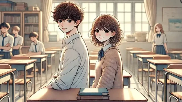 教室で隣の席に座り、互いを意識する中学生の男女を描いたイラスト