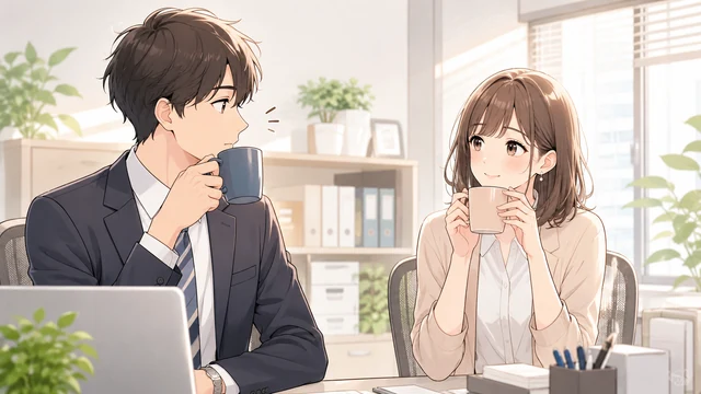 職場で男性がカップを持つ仕草を女性も自然に真似し、互いを意識する様子を描いたイラスト
