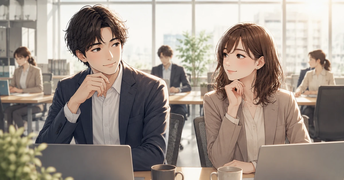 職場で男性の仕草を真似する女性のミラーリングを表現したイメージ