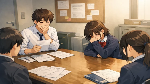 生徒会面談の小さな部屋で、説明役の男子が笑いをこらえ、隣の女子も目を伏せてつられ笑いしているミラーリングのワンシーン
