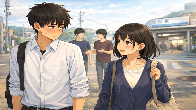 卒業後の昼下がり、駅を背にして歩く男女と、少し距離を取りながら会話する男友達2人。彼女に声をかけられ、好き避けした表情を浮かべる男子のワンシーン