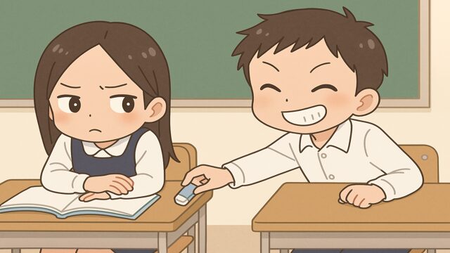 好きな女の子にちょっかいを出す男の子が、教室で消しゴムをこっそり隠そうとしている様子のイラスト。