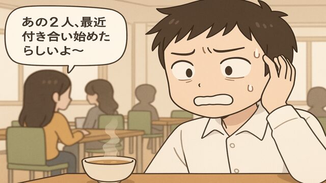 「あの2人付き合ったらしいよ」と聞かされ、恋が未遂に終わったショックを受ける男性のイラスト。