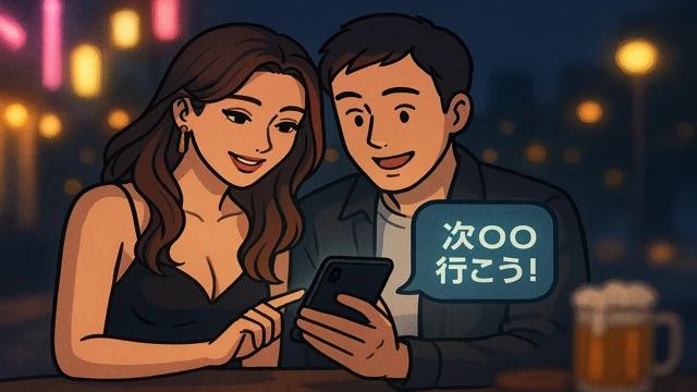 夜の街で男女がスマホを覗き込み、LINE通知に微笑むイラスト
