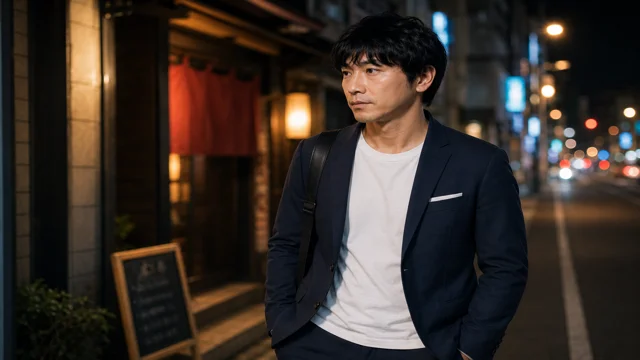 遠距離でLINEが続いていたキャバ嬢との再会を前に、夜の街を歩く男性のイメージ