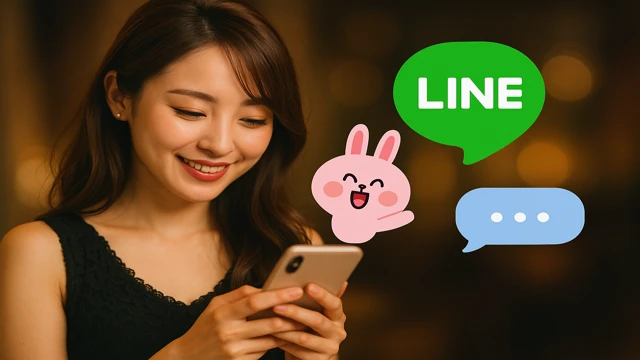 LINEをしている女性とメッセージアイコン(キャバ嬢とのやり取りをイメージした魅力的な雰囲気の画像)