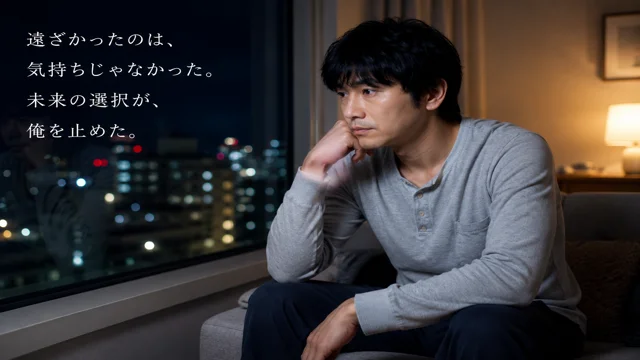 キャバ嬢との将来を考えながら夜景を見つめる男性のイメージ。遠距離恋愛と未来の選択に悩む心理を表現