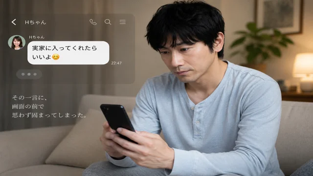 キャバ嬢から「実家に入ってくれたらいいよ」とLINEが届き、スマホを見つめて考え込む男性のイメージ