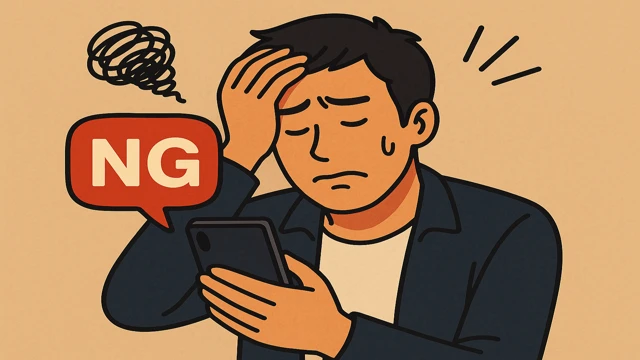 キャバ嬢とのLINEでNG行動をしてしまい、頭を抱える男性のイラスト