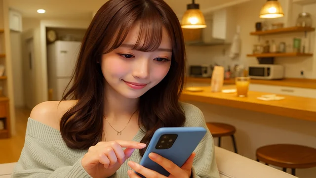 スマホを見つめながら穏やかに微笑む女性。お昼過ぎ、まだ寝起きの余韻が残る中で返すLINEの温度と、迷いを含んだ心理を表現した情景