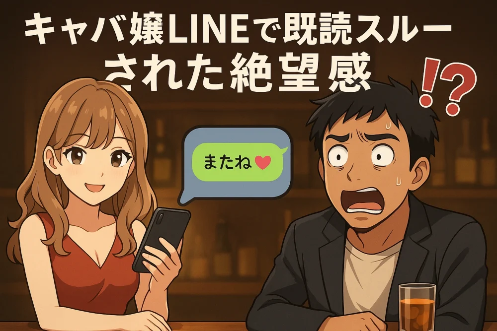 キャバ嬢から“またね♡”とLINEが届いた後、既読スルーにショックを受ける男性。キャバ嬢LINEの脈ありと営業の違いを表現したイラスト