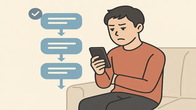 わざと既読スルーする男性と、下に流れていくLINEメッセージのイラスト