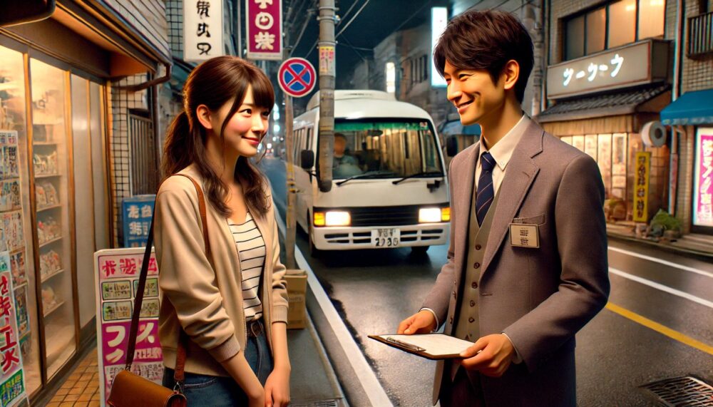 婚活イベント帰りのバス降車シーン。笑顔で見送るわくいっちと、少し照れた表情で手を振る女性参加者。冬の夜風が優しく流れる。