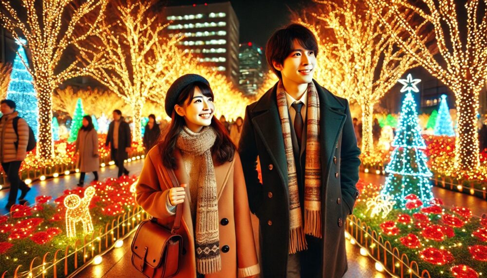 婚活バスツアー「恋旅」のイルミネーション企画で、司会のわくいっちと参加女性が微笑み合うシーン。冬の夜景が二人の距離を柔らかく照らしている。