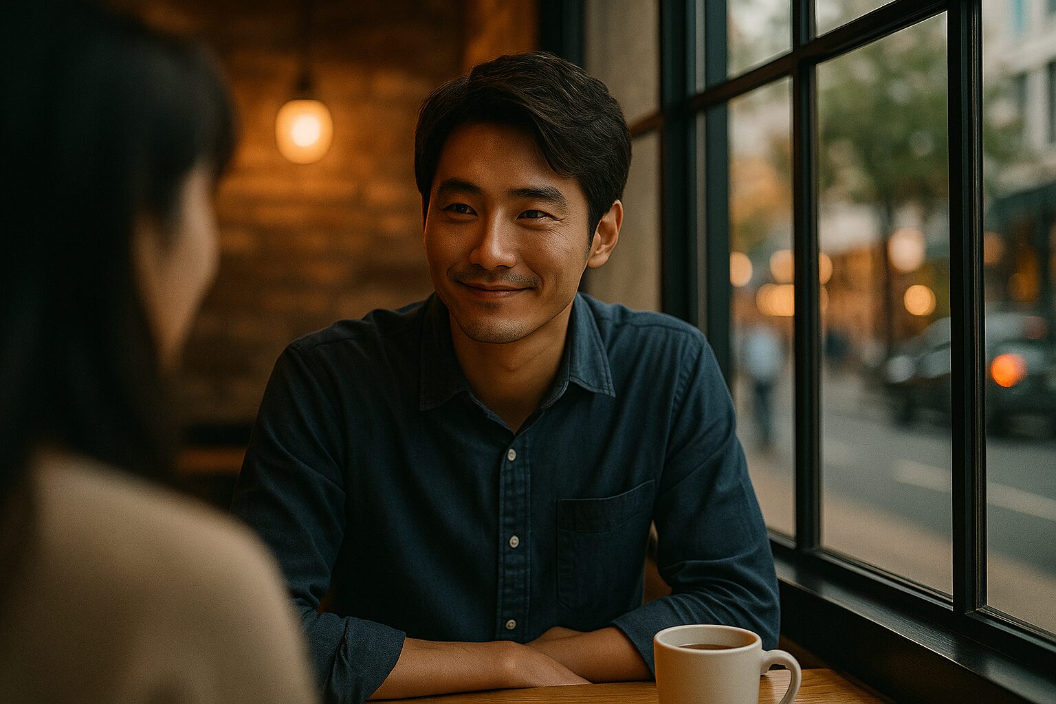 カフェの窓際で静かに話を聞く男性。相手の言葉を遮らず、微笑みながら耳を傾けている姿が印象的。