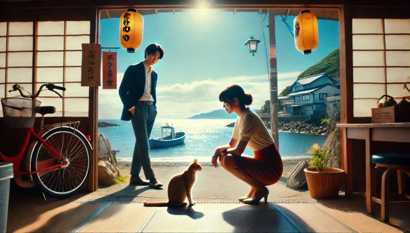 海沿いのレストランを出たカップル。女性がしゃがみ込み、猫と静かに見つめ合っている昼下がりの一場面。海と青空が広がり、穏やかで心あたたまる光景。