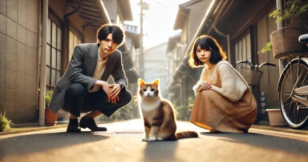 夕暮れの路地で、茶白の猫を挟んでしゃがむ日本人の男女。女性は可愛らしくミステリアスな雰囲気で、2人の間には静かな優しさと温かさが漂っている。