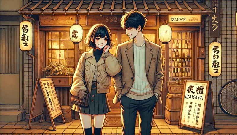 夜の居酒屋前で、おしゃれな服装の男女が向かい合って立っている。女性はショートスカートにジャケット、男性はジャケットスタイルで清潔感のある装い。暖かな照明の中で、これから始まる楽しい夜の期待が漂っている。