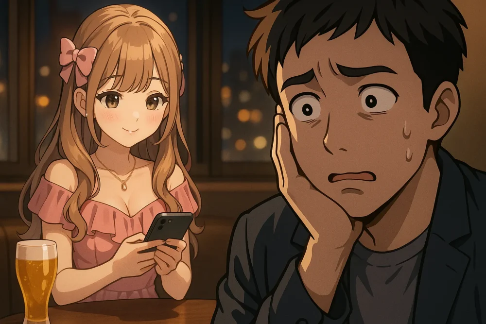 バーでスマホを操作するかわいらしい女性と、ショックを受けた表情を浮かべる男性が隣り合ってるシーン。LINEの内容に気づいて動揺している様子がリアルに伝わる。