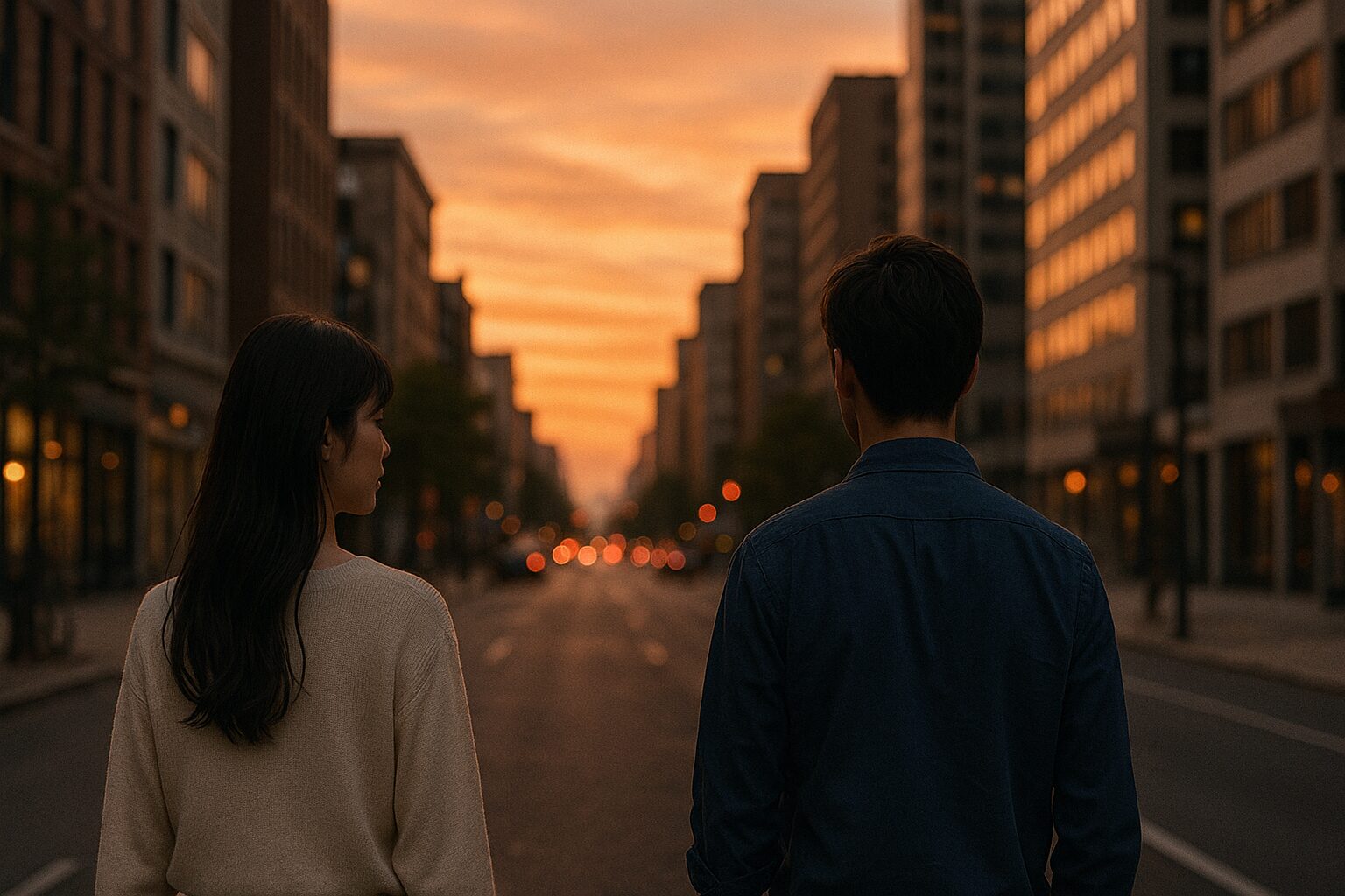 夕暮れの街を歩く男女の後ろ姿。女性は彼を見つめながら同じ方向を歩いているような、静かな余韻のあるシーン。