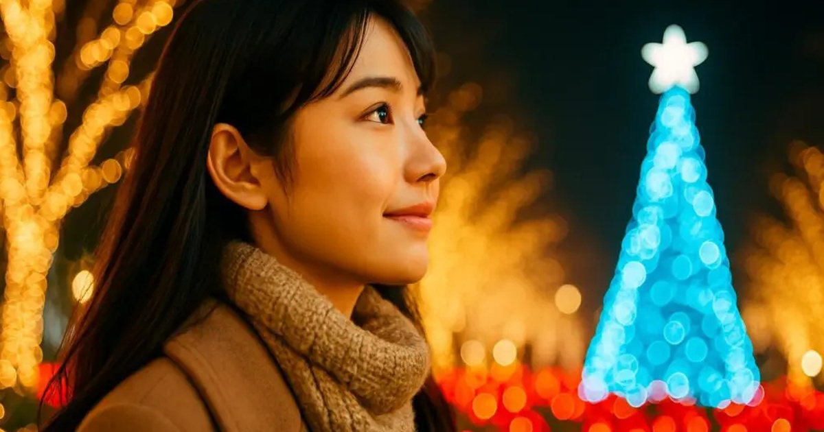 イルミネーションを見つめるシングルマザー。冬の夜、笑顔で遠くを見つめる横顔が印象的なシーン。
