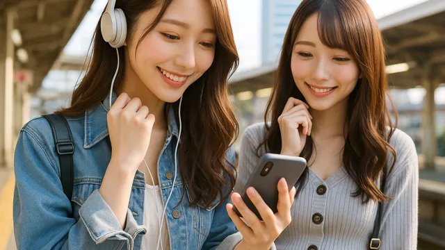 AB型女子がLINEのメッセージを見て微笑むシーン|駅のホームでスマホを手に笑う二人の女性
