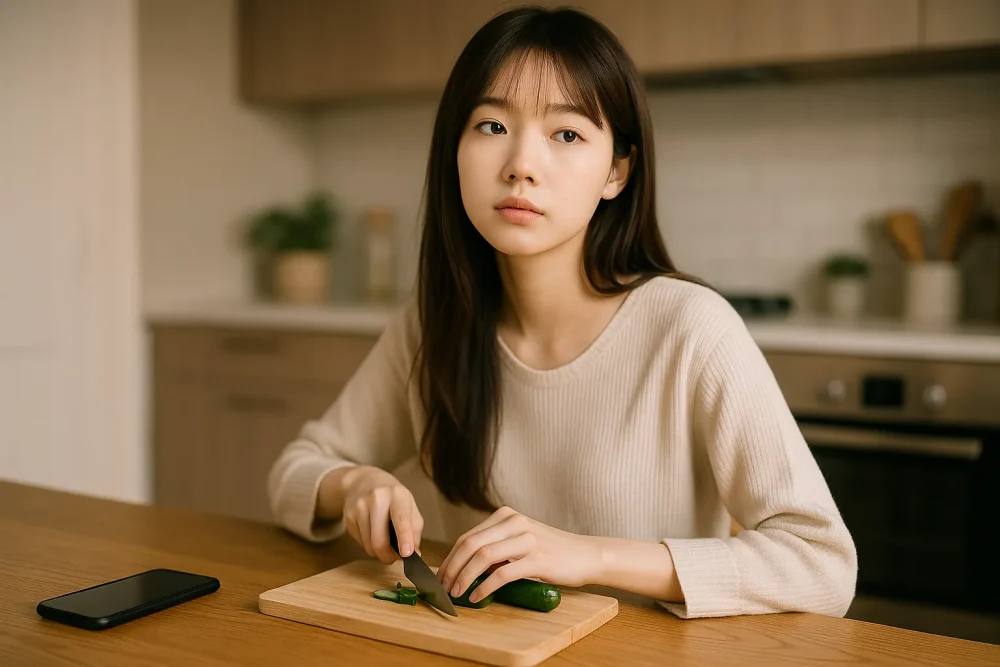 スマホをテーブルに置いたまま、夕飯の支度をするAB型女子。無表情で天然っぽい雰囲気が漂う。
