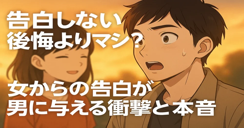 告白しない後悔よりマシ？女からの告白が男に与える衝撃と本音を描いたイラスト（夕暮れの背景に驚く男性と笑顔の女性）