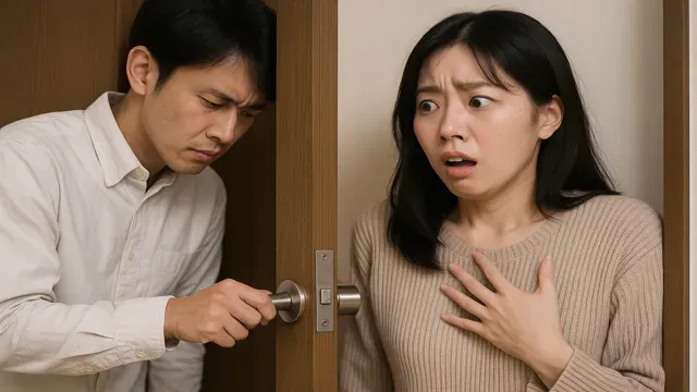 女性が室内で不安そうに驚き、外から男性がドアノブを回そうとする場面。まだ鍵を渡していないのに境界を侵入された“ゾワッ”の感覚を表すイメージ