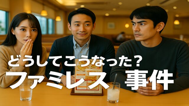 ファミレスで女性と待ち合わせた男性の前に、知らない第三者が現れるシーン。