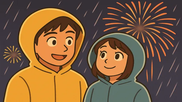 雨の花火大会でレインコートを着た男女が並んで花火を見上げる。男性はときめいた表情で女性を見つめ、恋愛の未遂を象徴するイラスト