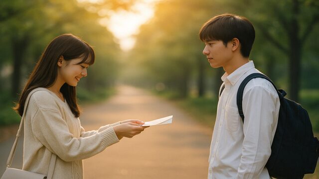 日本の公園の並木道で、夕暮れに想いを伝える女子とそれを受け止める男子。女性から男性への告白シーンを描いたブログ記事用の画像。